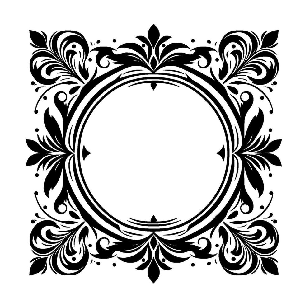 Intricate Black and White Ornate Frame A Circular Centerpiece Surrounded by Detailed Floral and Foliage Embellishments, Set Against a Clean, White Background, Evoking a Sense of Elegance. vector