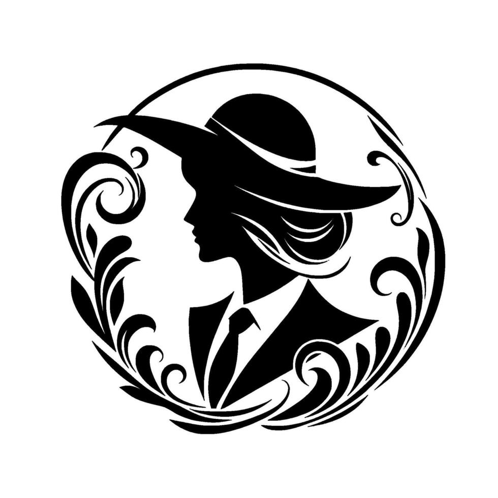 Silhouette portrait of a woman in a hat and suit framed by ornate floral accents, evoking elegance and sophistication within a circular . vector