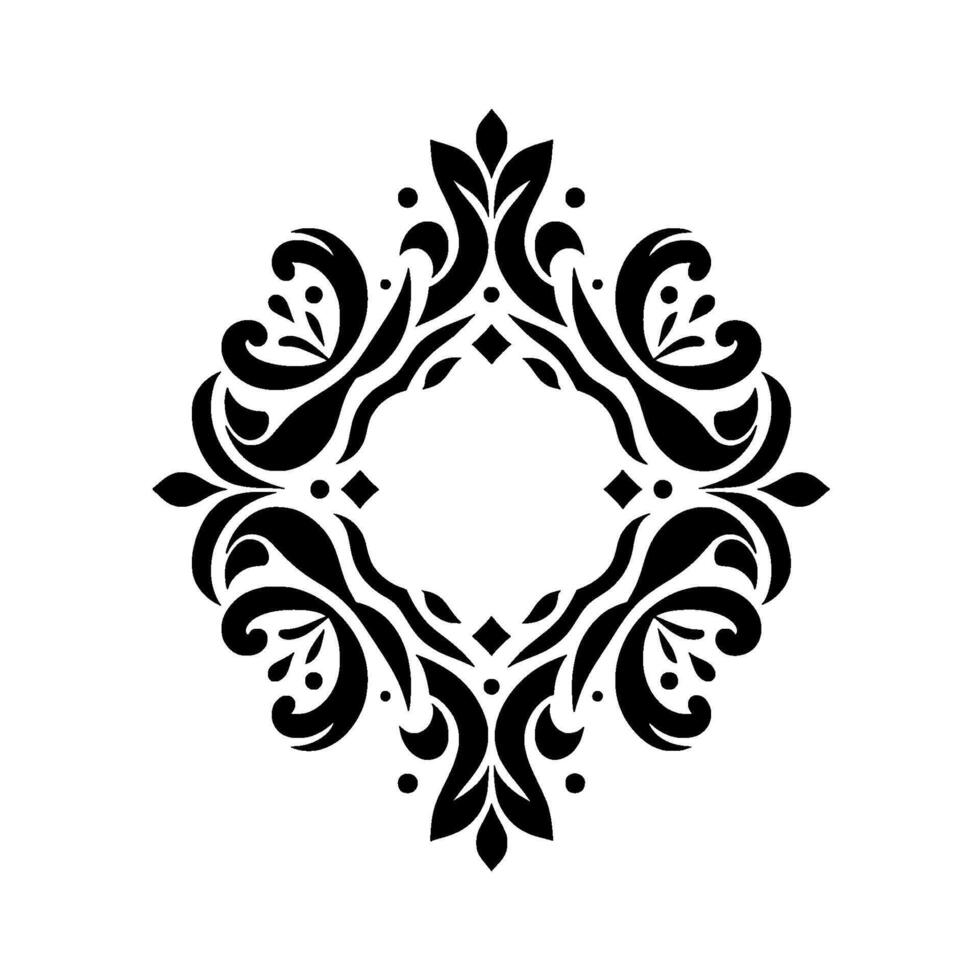 Elegant Black and White Ornamental Symmetrical BaroqueInspired Floral Motif with a Central Empty Oval Space, Clean Background. vector