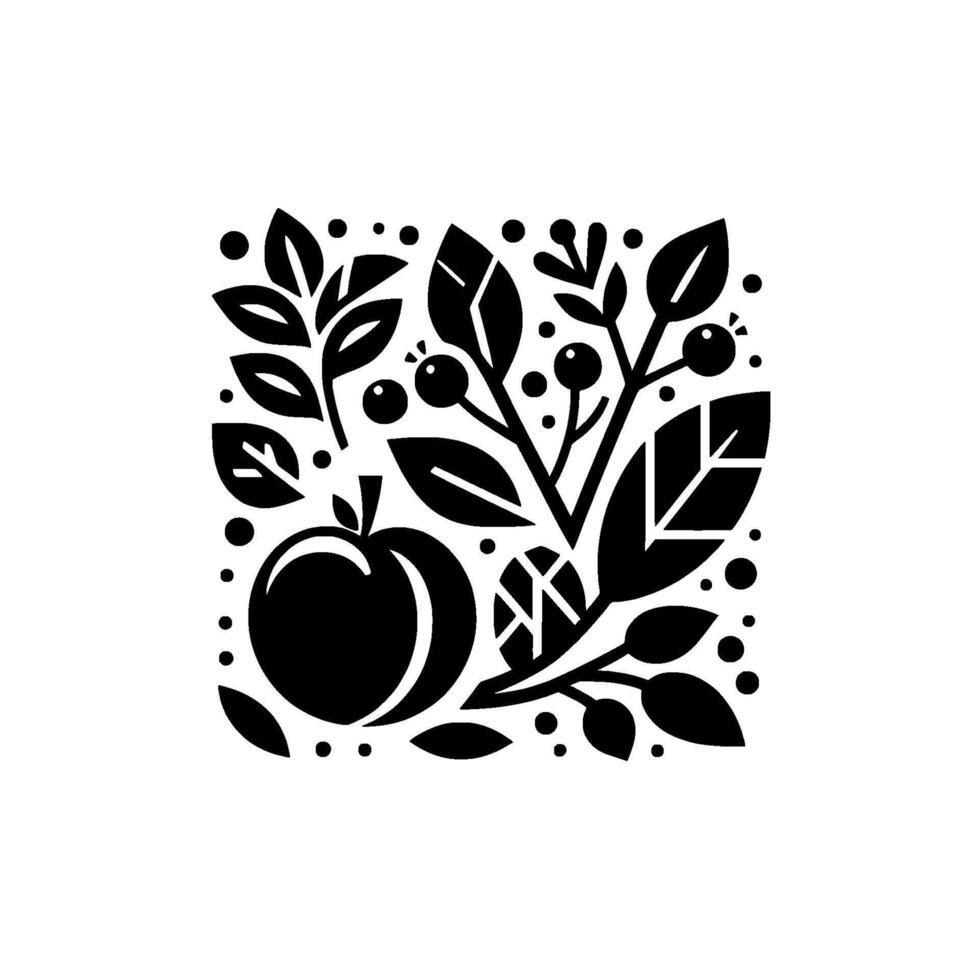 A minimalist black and white illustration of an apple, berries, leaves, and other plant elements in a square . vector