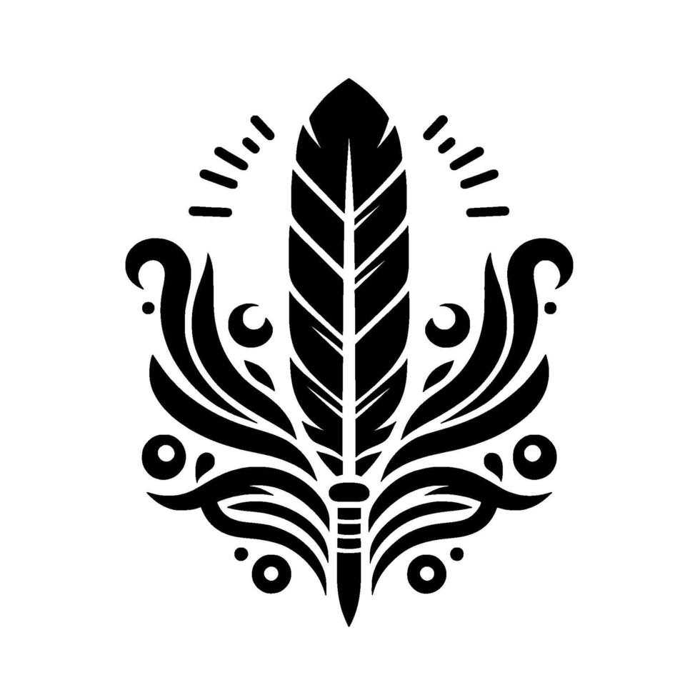 A symmetrical, black and white featuring a stylized feather as the central element, framed by decorative flourish elements. vector