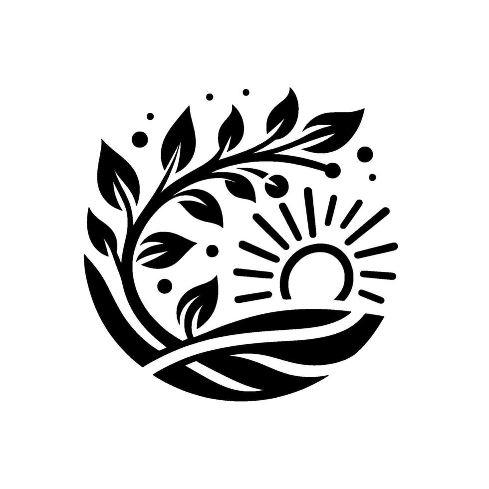 A stylized black and white circular depicts a sunny landscape with a leafy branch, fields, and a radiant sun, symbolizing growth and natures beauty. vector