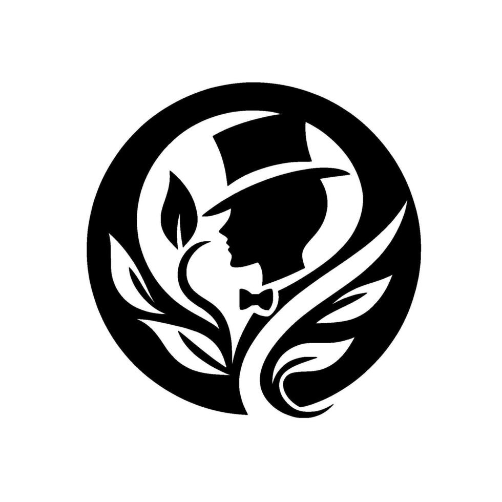 A Stylized Silhouette A Gentleman in a Top Hat and Bowtie, Intertwined with Floral Elements, Enclosed within a Decorative Circle. vector