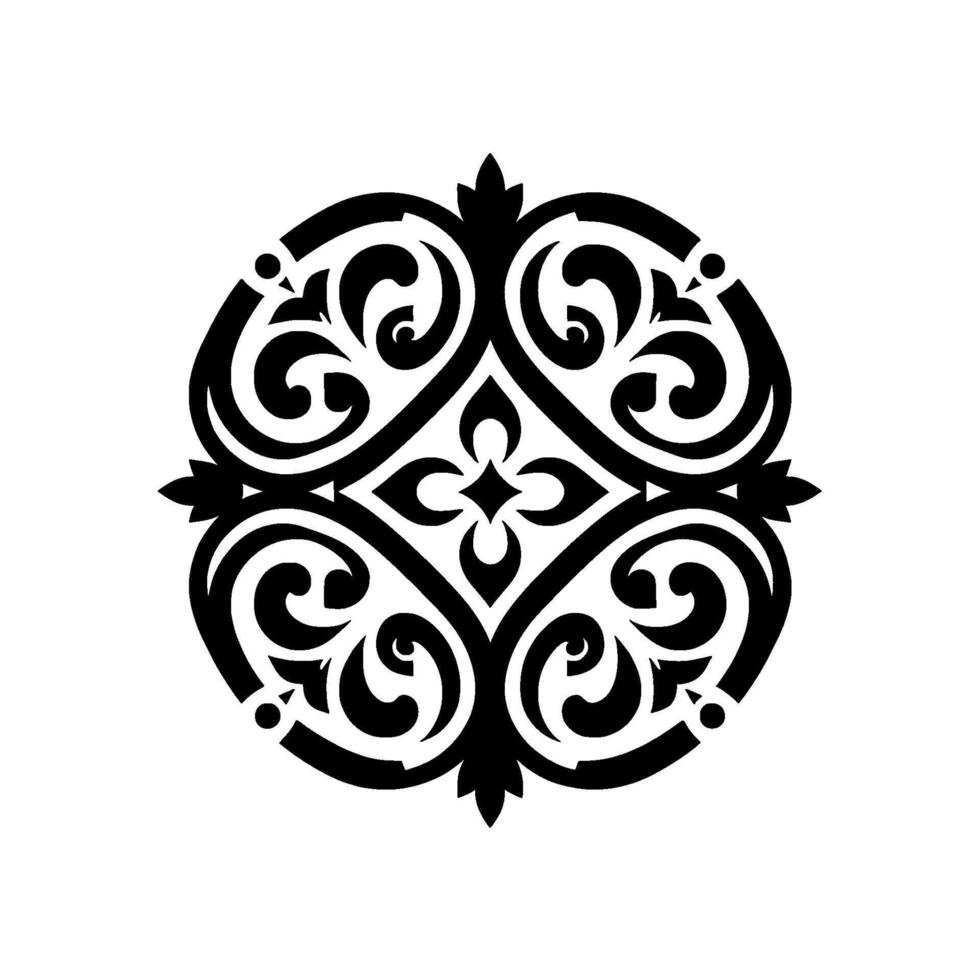 Elegant black and white symmetrical circular featuring intricate floral and scroll elements, set against a subtle background shadow. vector