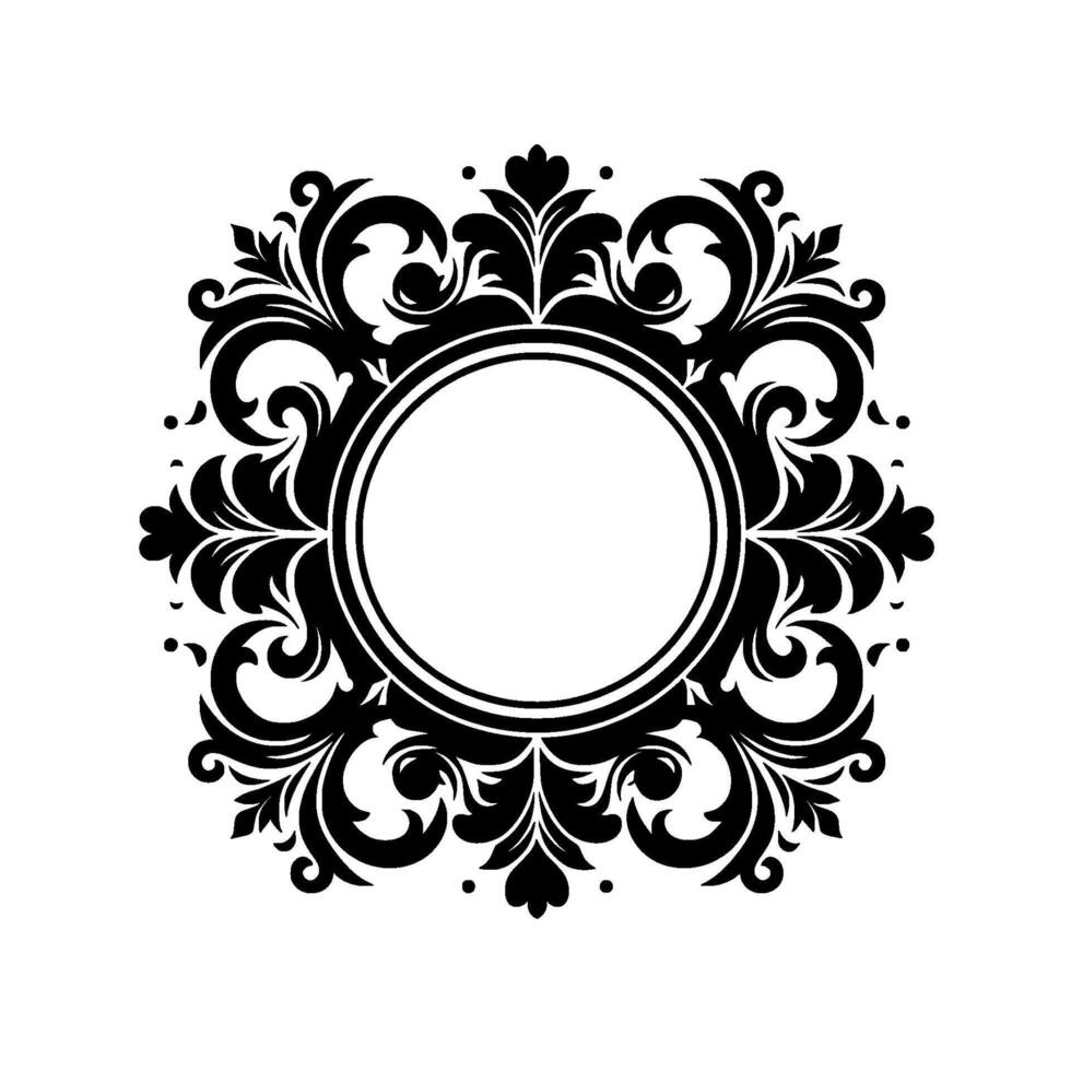 Elegant Black and White Ornate Circular Emblem, Featuring a Blank Center, Adorned with Detailed Floral Swirls on a Pristine White Backdrop. vector