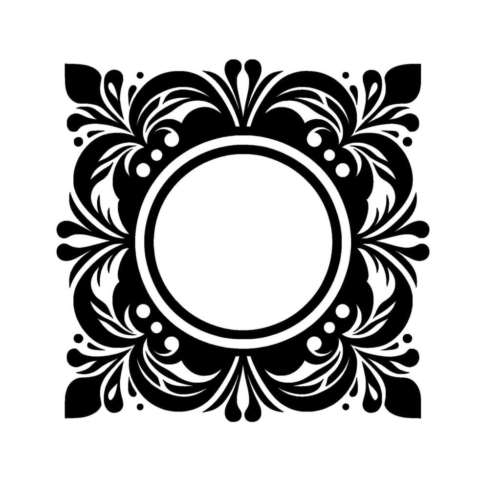 Intricate Black and White Floral Frame with a Central Circular Space, Ideal for Text or Imagery, against a Clean White Background. vector