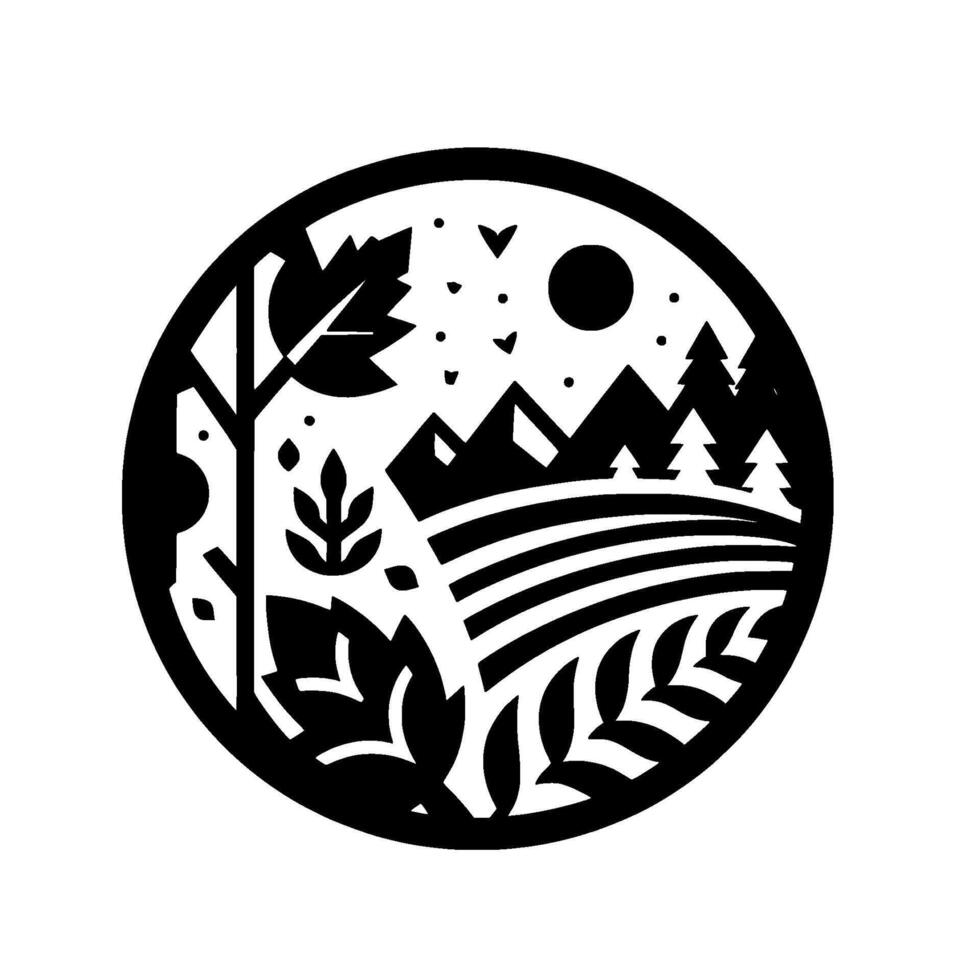 A circular black and white minimalist landscape illustration featuring stylized trees, mountains, fields, and celestial elements within a round frame. vector