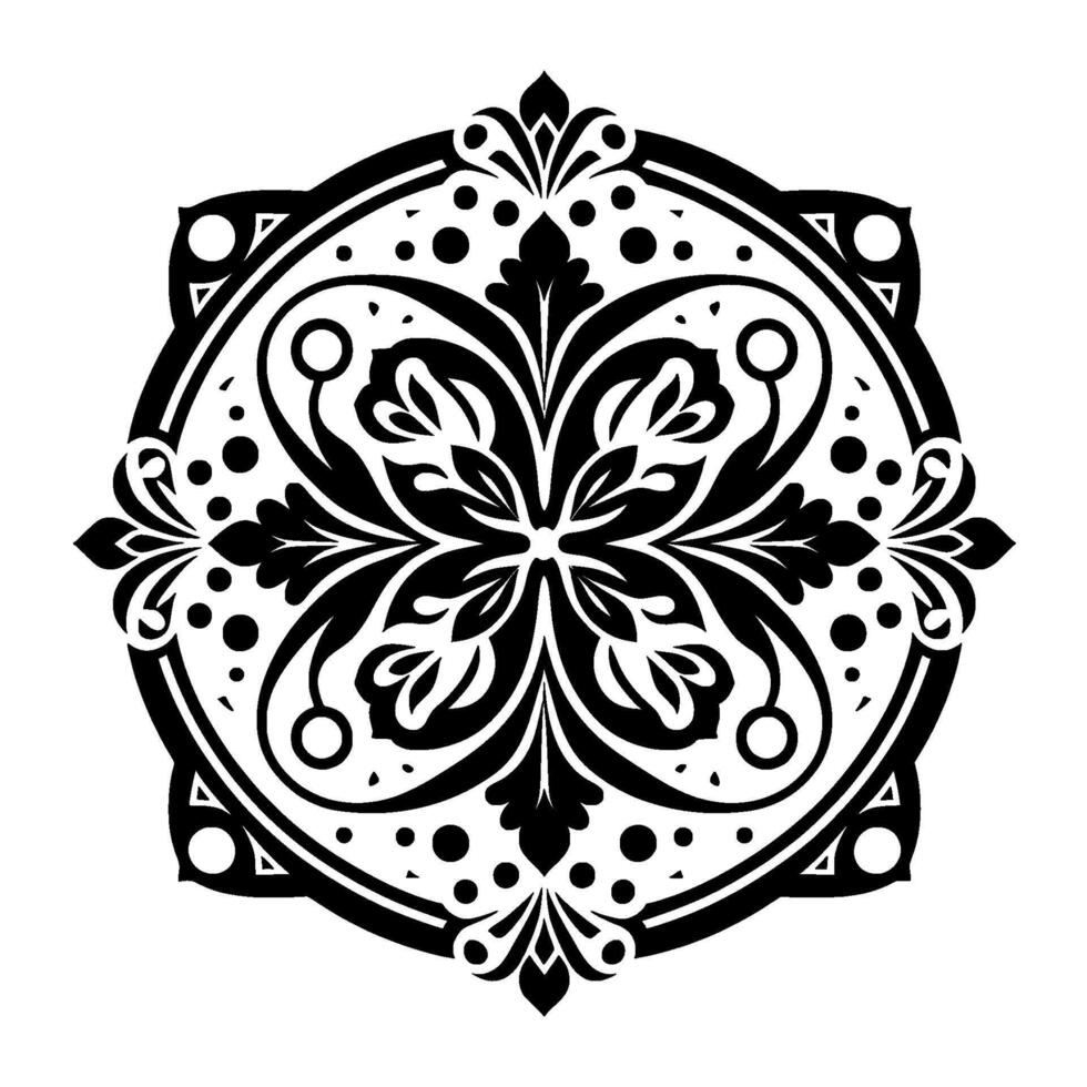 Intricate Black and White Floral Mandala with Symmetrical Elements, Dots, and Geometric Accents. vector