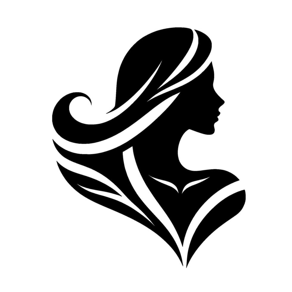 Elegant Silhouette Graceful Profile of a Woman with Flowing Hair, Adorned with Artistic Lines in Monochrome, Isolated on White, Exuding Femininity. vector