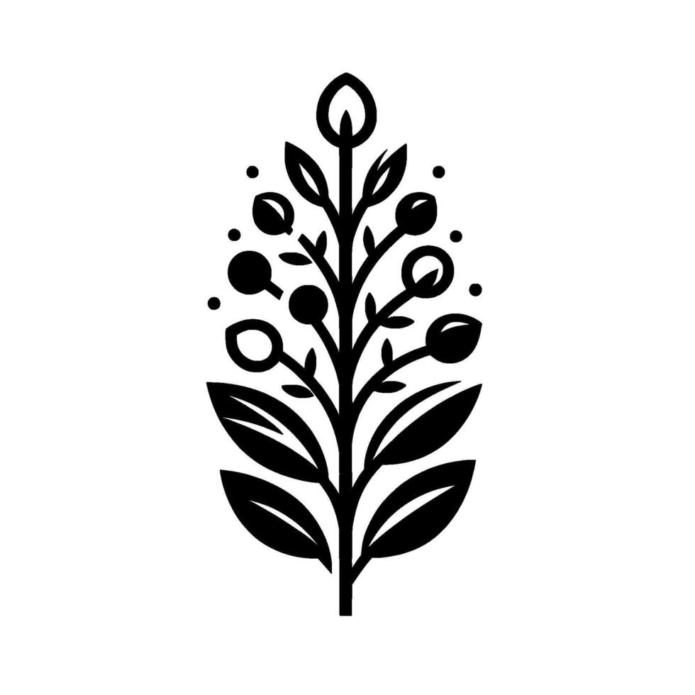 A stylized, symmetrical black and white botanical illustration featuring a central stem with leaves, berries, and dotted accents against a plain white backdrop. vector