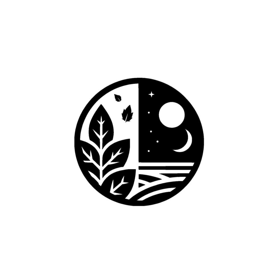 Symbolic black and white circular illustration, representing day and night, with leaves and celestial bodies. vector