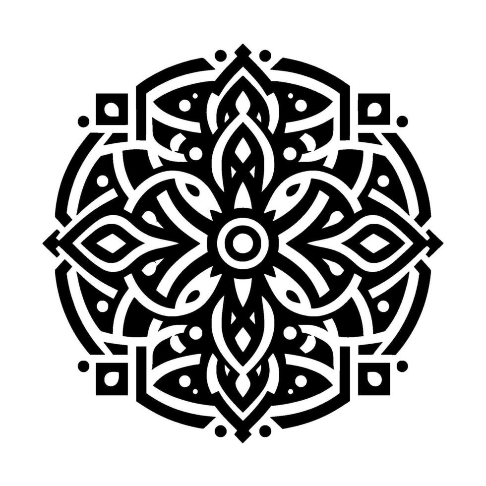 Intricate Black and White Geometric Mandala with Radial Symmetry, Featuring Floral Elements and Geometric Shapes on a Clean White Backdrop. vector