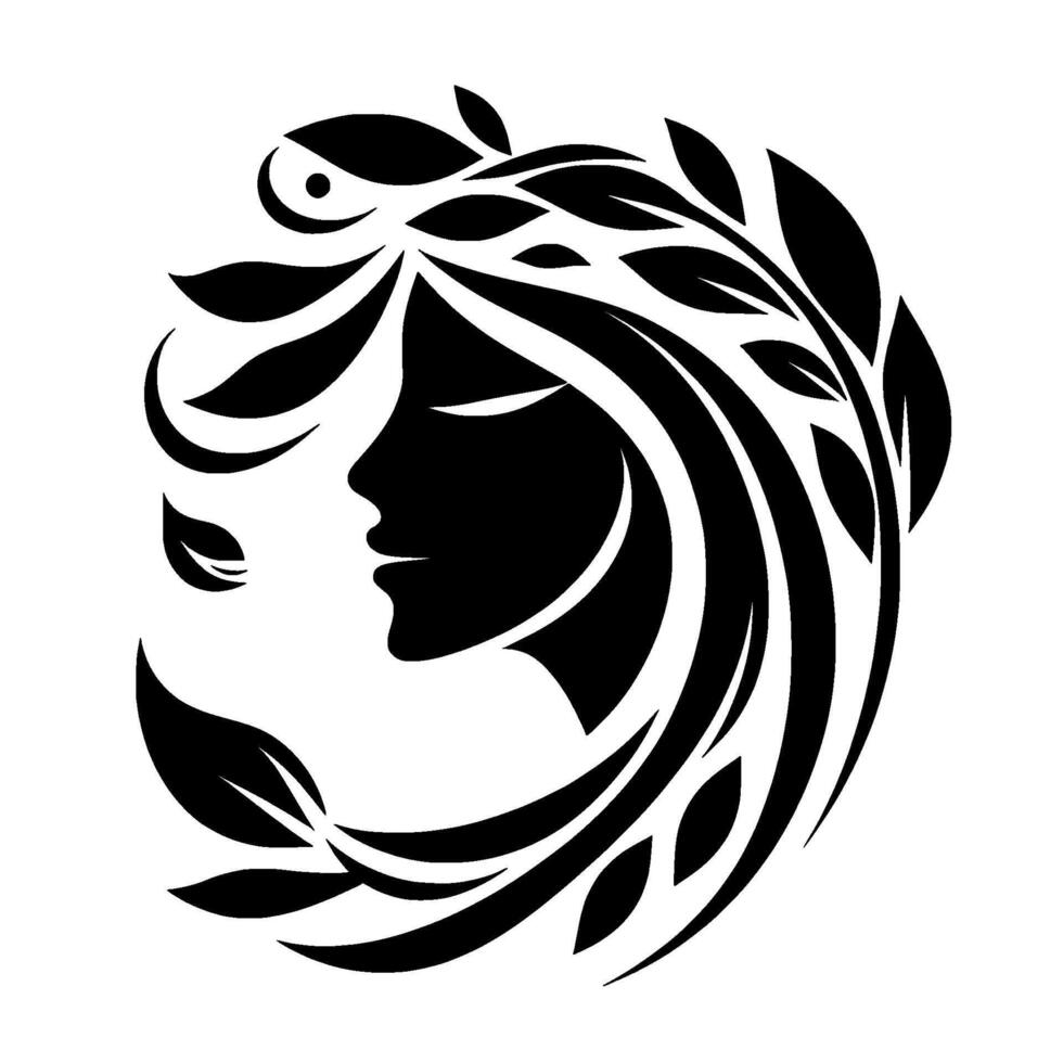 Serene Silhouette of a Woman Adorned with Foliage A Minimalist Black and White Illustrating Natural Beauty and Elegance. vector