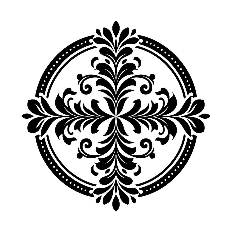 Elegant Black and White Floral Ornament Symmetrical Featuring Leafy Motifs Within a Dotted Circular Frame, on a Clean White Background. vector