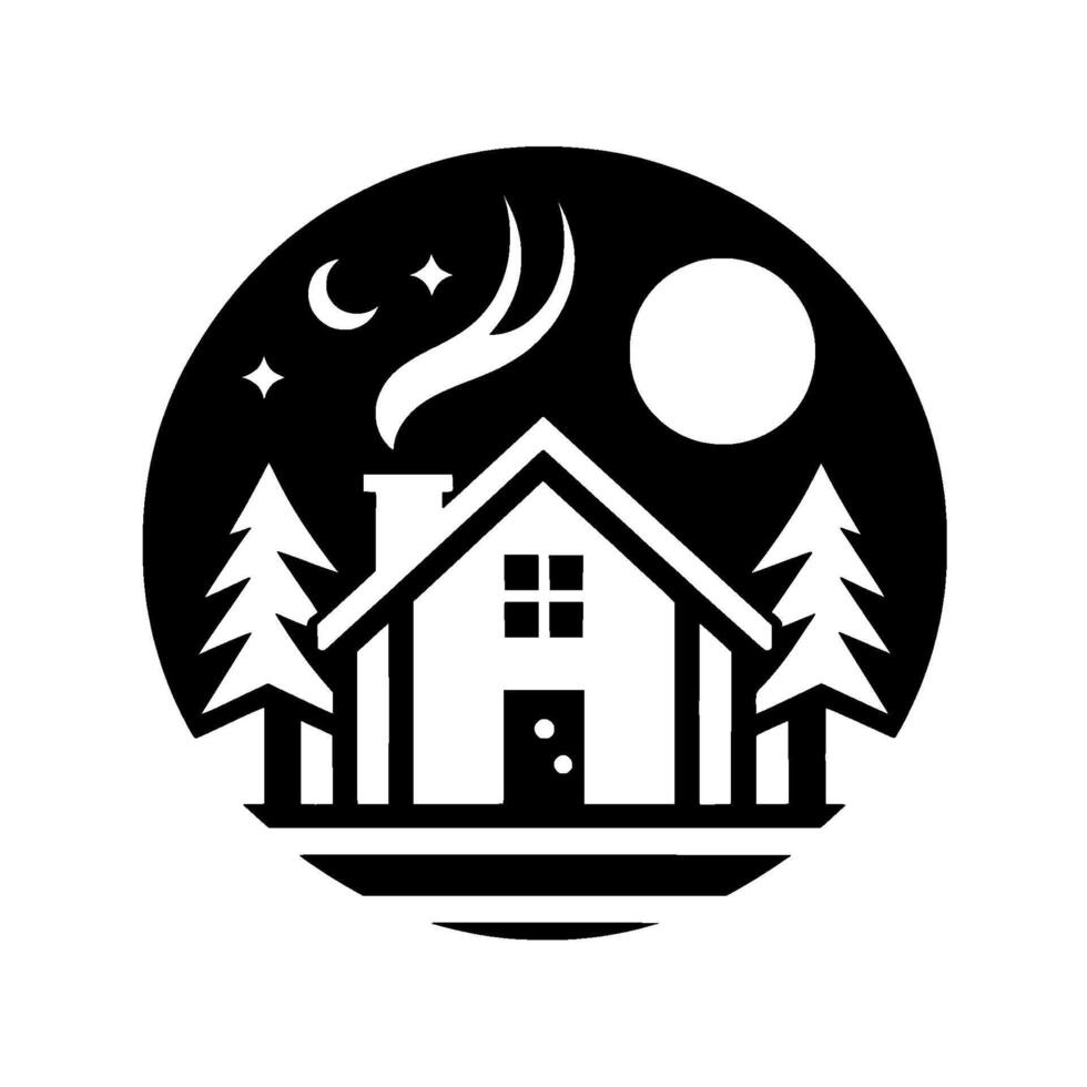A cozy black and white illustration of a house at night, nestled among pine trees within a circle, with a moon, stars, and chimney smoke. vector