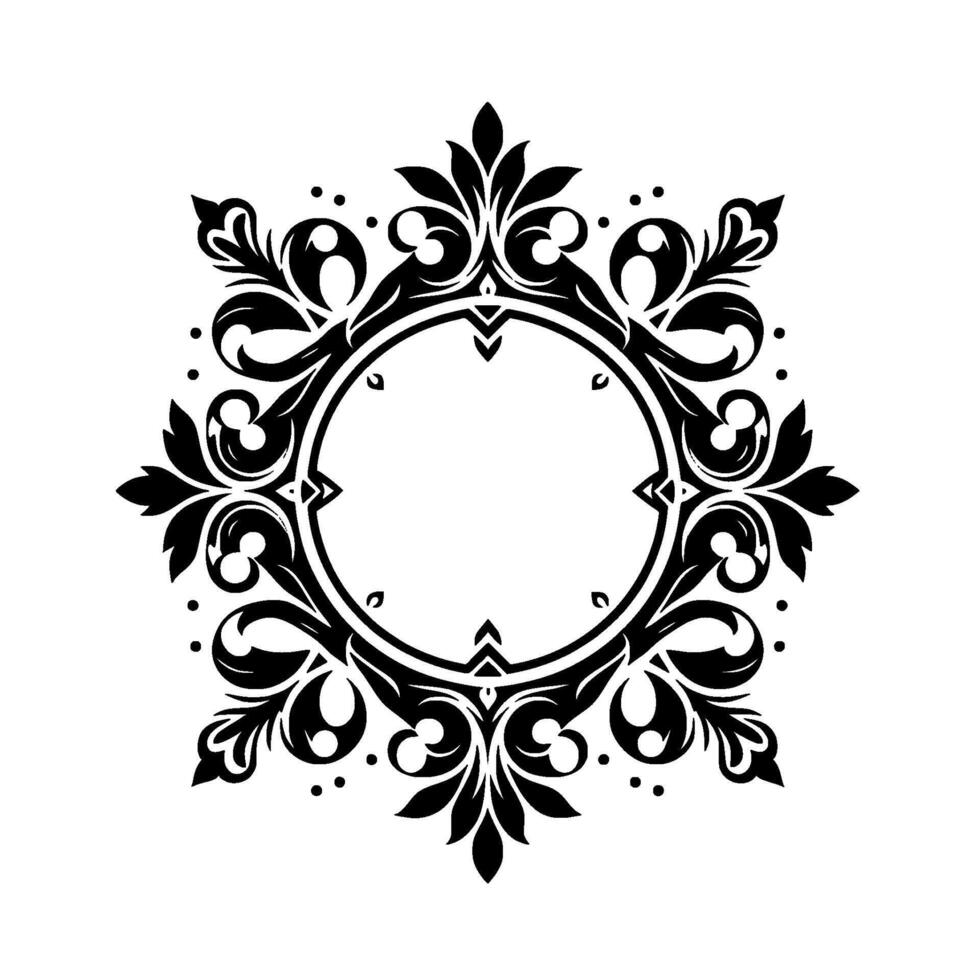 Intricate Black and White Ornamental A Symmetrical Floral and Swirl Motif Forming a Circular Frame, Exuding Elegance. vector