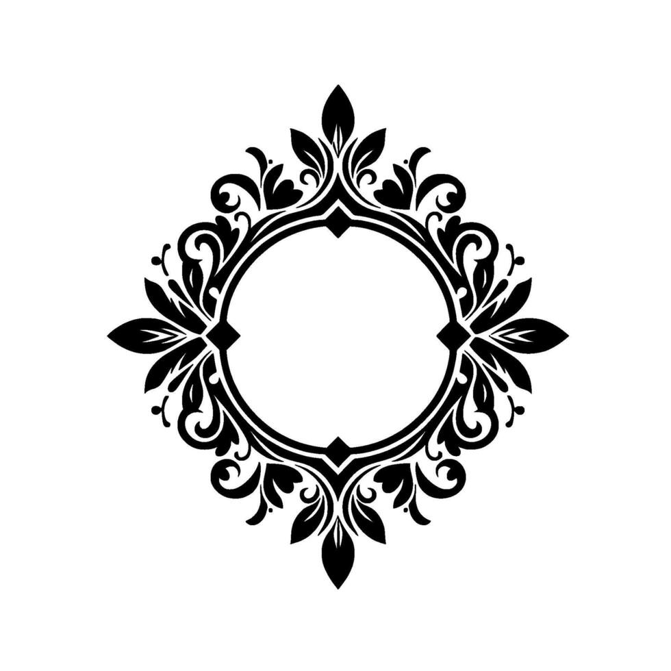 Elegant Black and White Floral Frame Decorative Circular with Intricate Leaf and Scroll Ornamentation, Centered on a White Background. vector