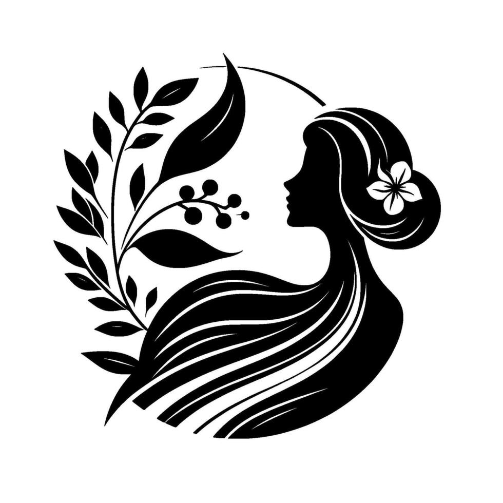 Elegant Silhouette A Black and White Illustration of a Woman with Flowing Hair, a Flower, and Botanical Accents. vector