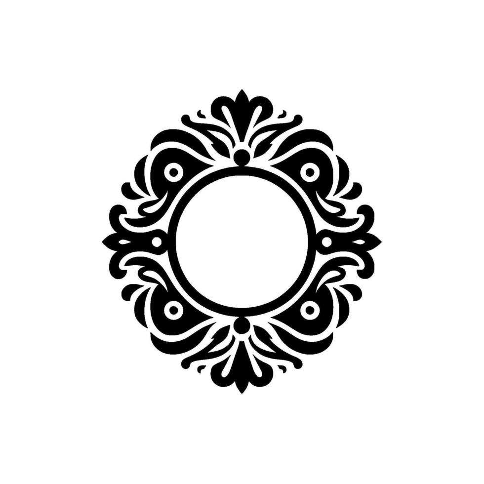 Elegant Black and White Circular Ornament with Floral and Leafy Scrollwork, Centered Empty Space. vector