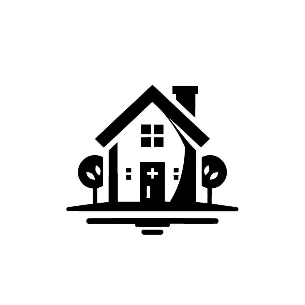 Simple black and white minimalist illustration of a house with a chimney, windows, door and trees, perfect for real estate or homerelated branding. vector