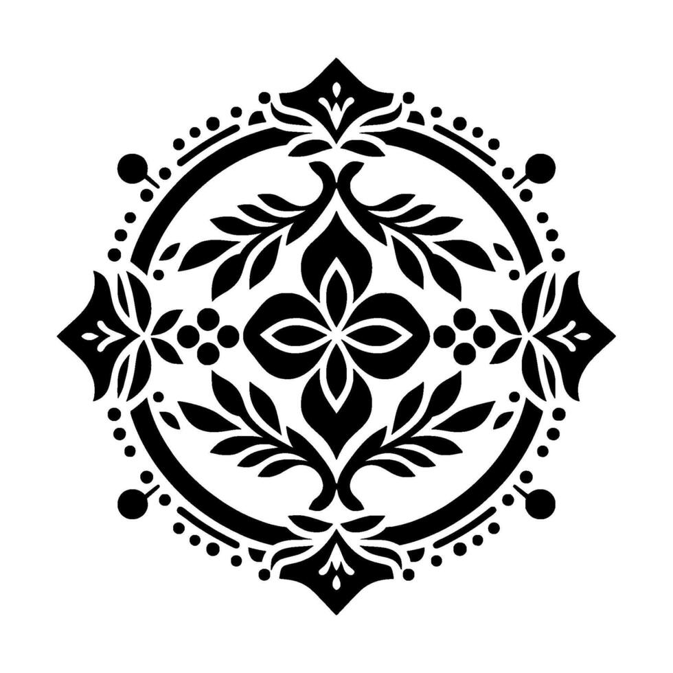 Symmetrical Black Floral Ornament in a Circular Frame, Featuring a Central Flower and Leafy Embellishments on a White Background. vector