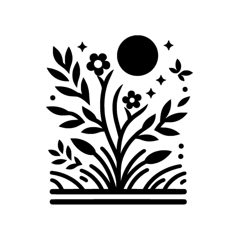 Elegant Black and White Botanical Silhouette of Flora, Fauna, and Celestial Elements in a Harmonious Arrangement. vector