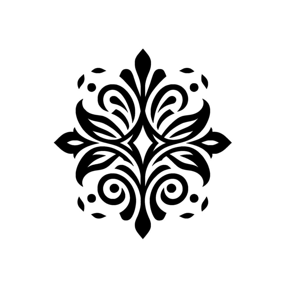 Ornate symmetrical black floral , with flowing leaf and scroll elements, set against a stark white background. vector