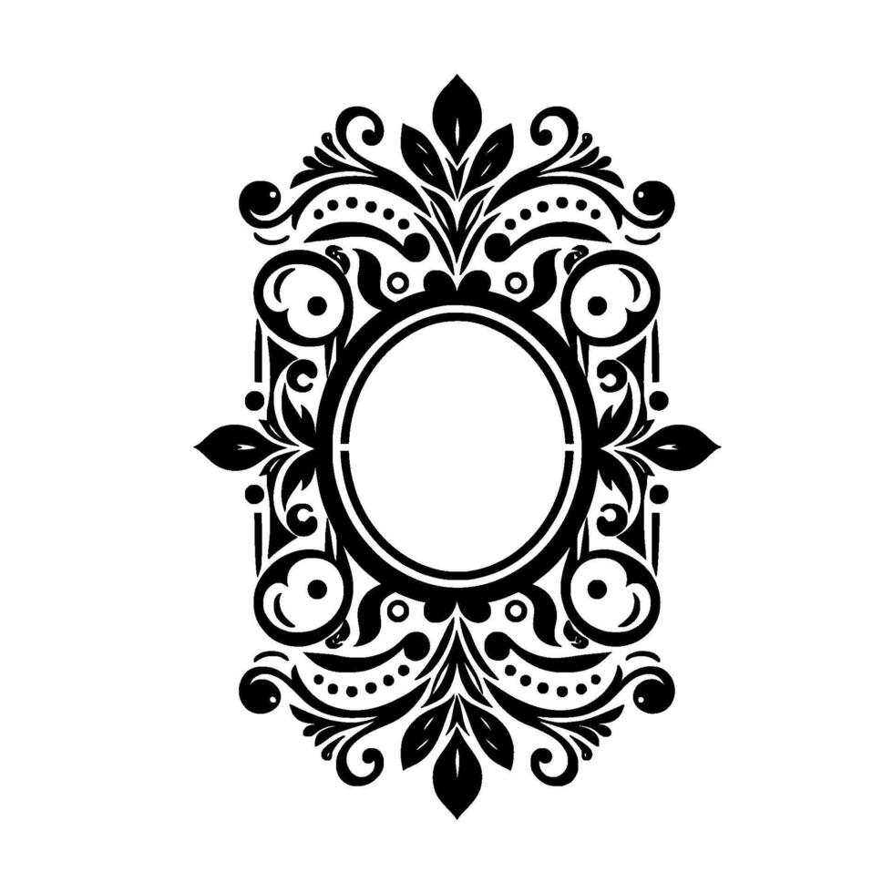 Intricate Black White Ornamental Frame featuring Floral and Swirl Elements Centering on a Blank Oval vector