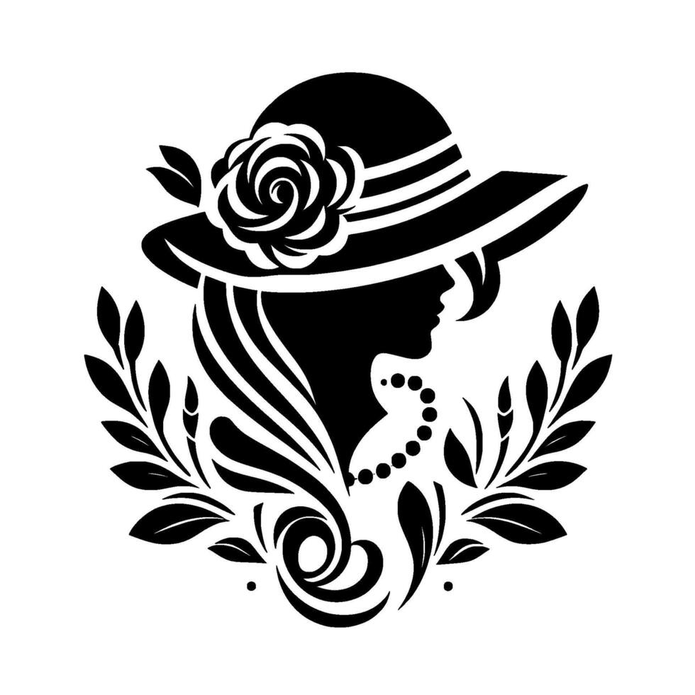 Elegant Silhouette A vintageinspired artwork featuring a woman in a widebrimmed hat adorned with a rose, surrounded by botanical elements and a pearl necklace. vector