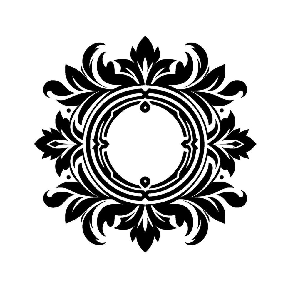 Elegant symmetrical black and white floral , a circular emblem with a central blank space, surrounded by detailed foliage and intricate line work on a white background. vector