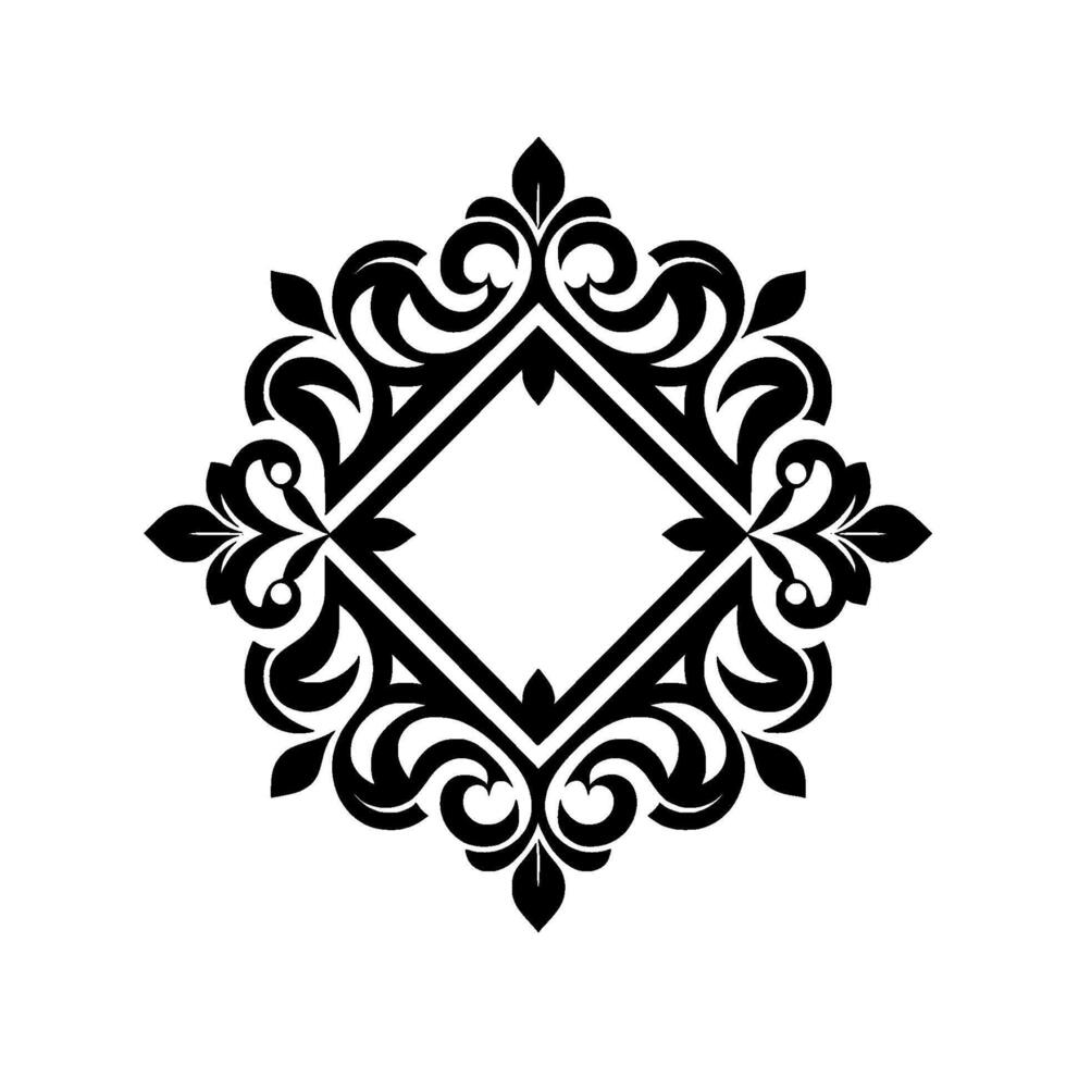 Intricate black floral ornamental frame with a diamondshaped inner void, on a clean white background. vector