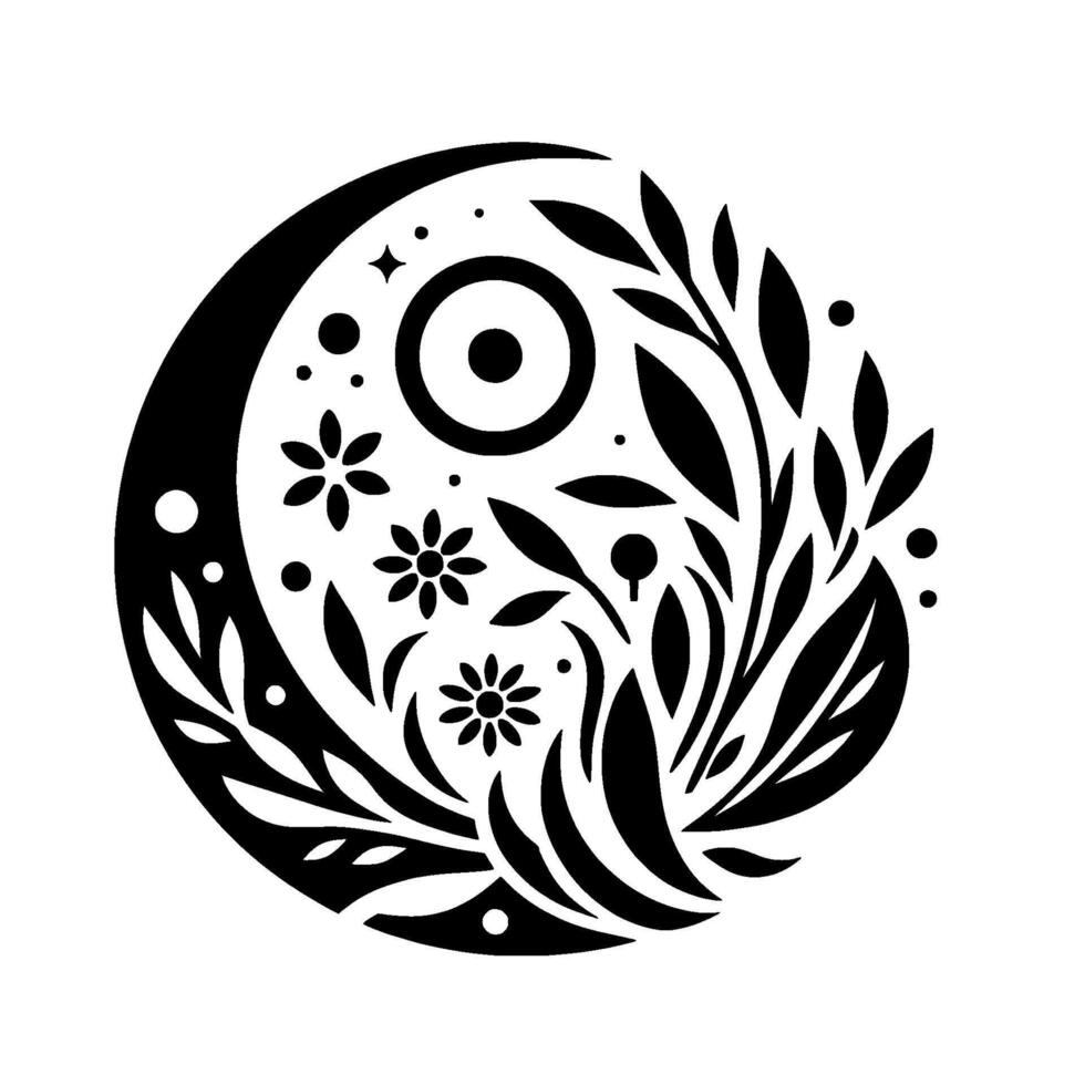 Intricate circular a stylized moon framing floral and botanical elements, accented with celestial dots and a central eyelike focus, all in contrasting black and white. vector