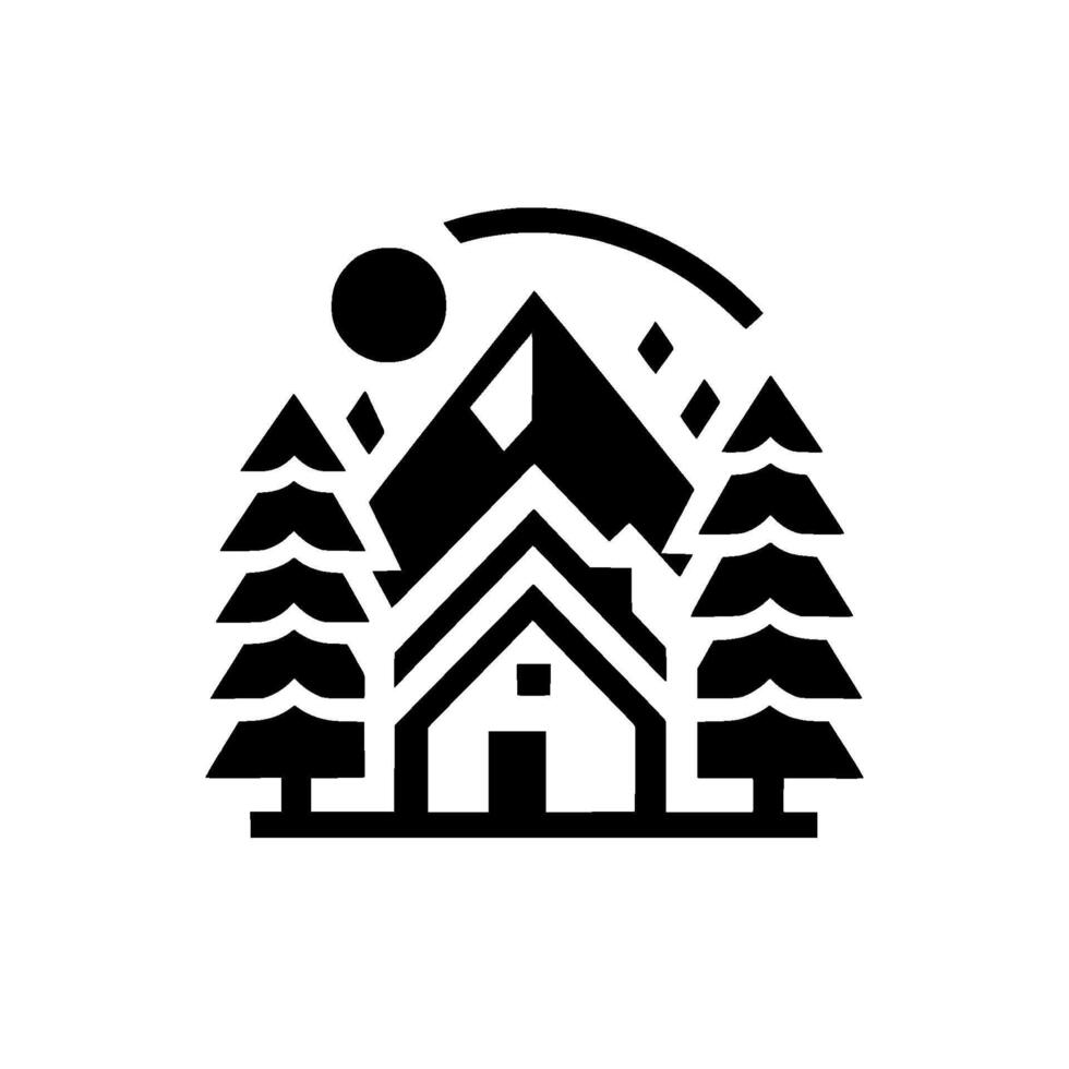 Stylized black and white of a mountain cabin surrounded by pine trees, a sun, and a starfilled sky, evoking a sense of wilderness and tranquility. vector