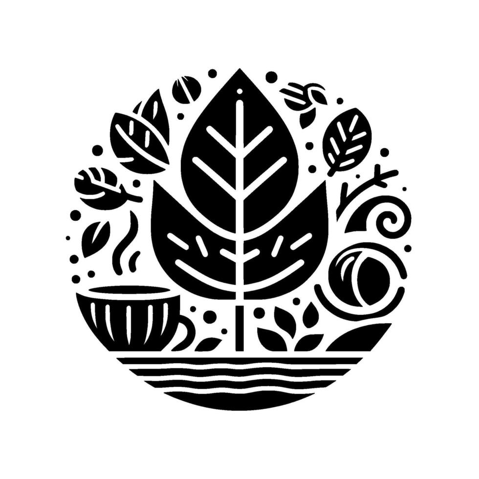 Circular minimalist illustration featuring a stylized tea cup, leaves, and a central large leaf, evoking nature and the essence of tea, all in black and white. vector