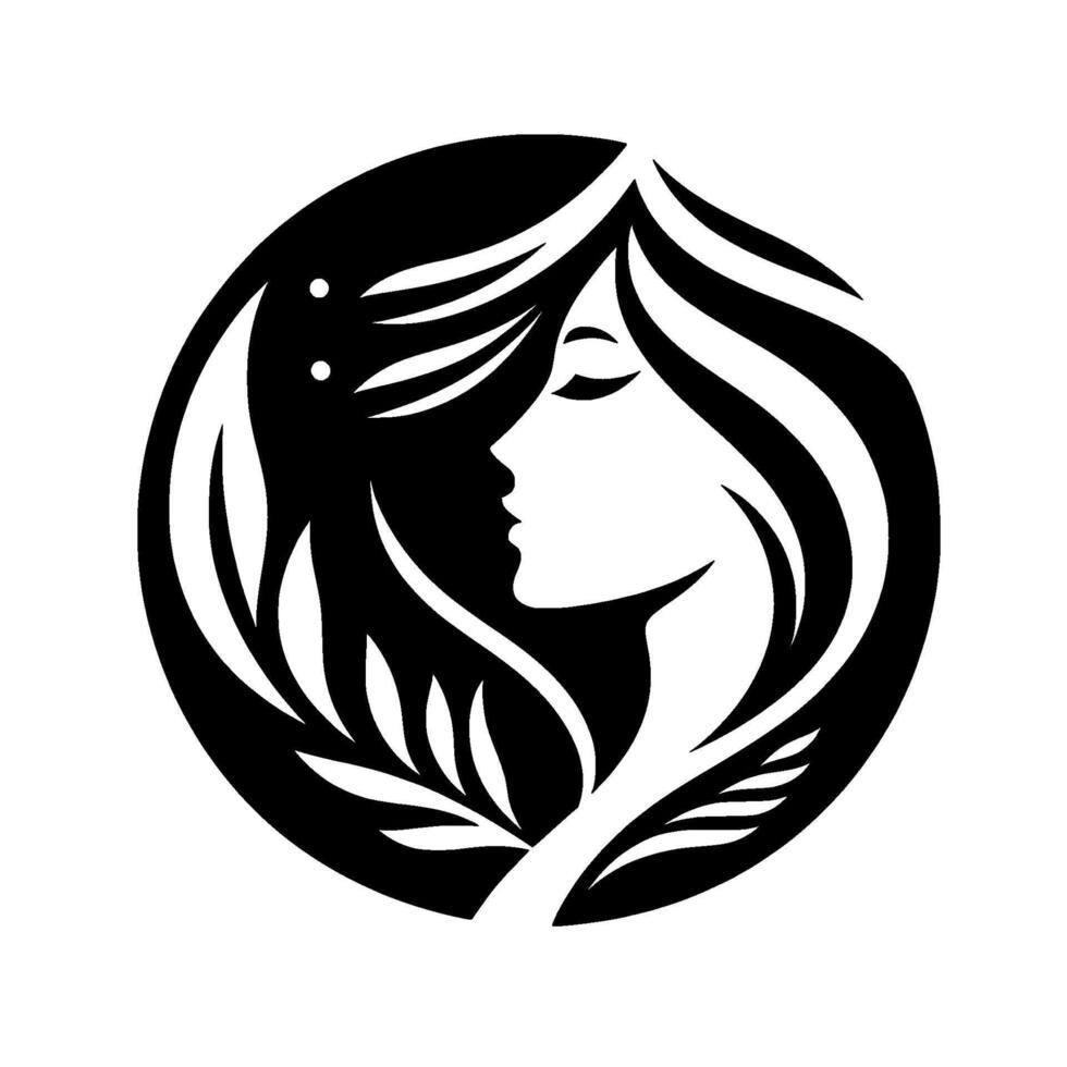 A serene silhouette of a womans profile within a circular black frame, with flowing hair intertwined with stylized botanical elements, suggesting nature and tranquility. vector