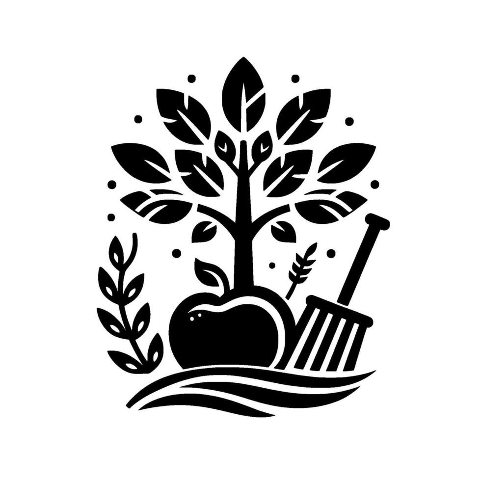 Monochromatic Emblem of Apple Tree with Rake, Wheat, and Foliage on Wavy Ground, Creating a Symbolic Garden Scene. vector