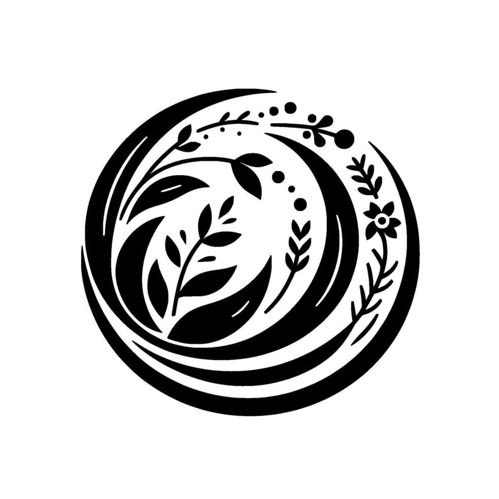 Elegant Black and White Floral Circle , Featuring Leaves, Vines, and a Flower, Evoking Simplicity and Natures Grace vector