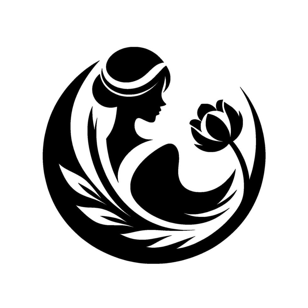 Elegant Silhouette of a Woman and a Lotus Flower, a Modern in Bold Black and White Composition within a Circular Frame. vector