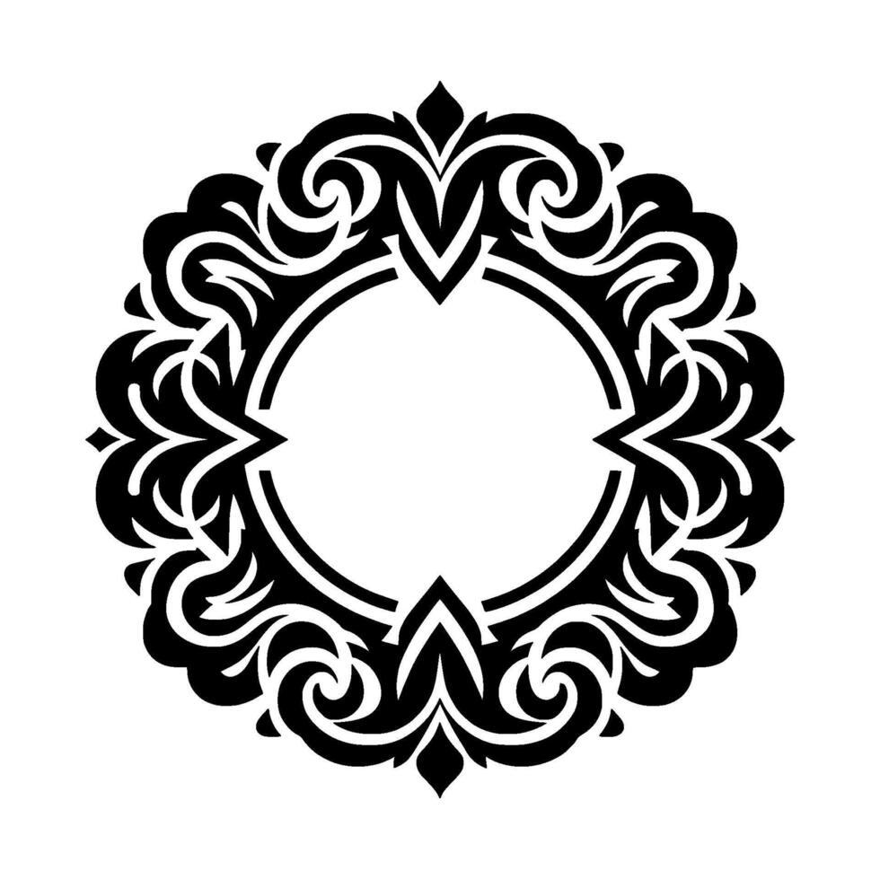 Elegant Black and White Circular Floral Ornament with Detailed Swirls and Pointed Accents on a White Background. vector