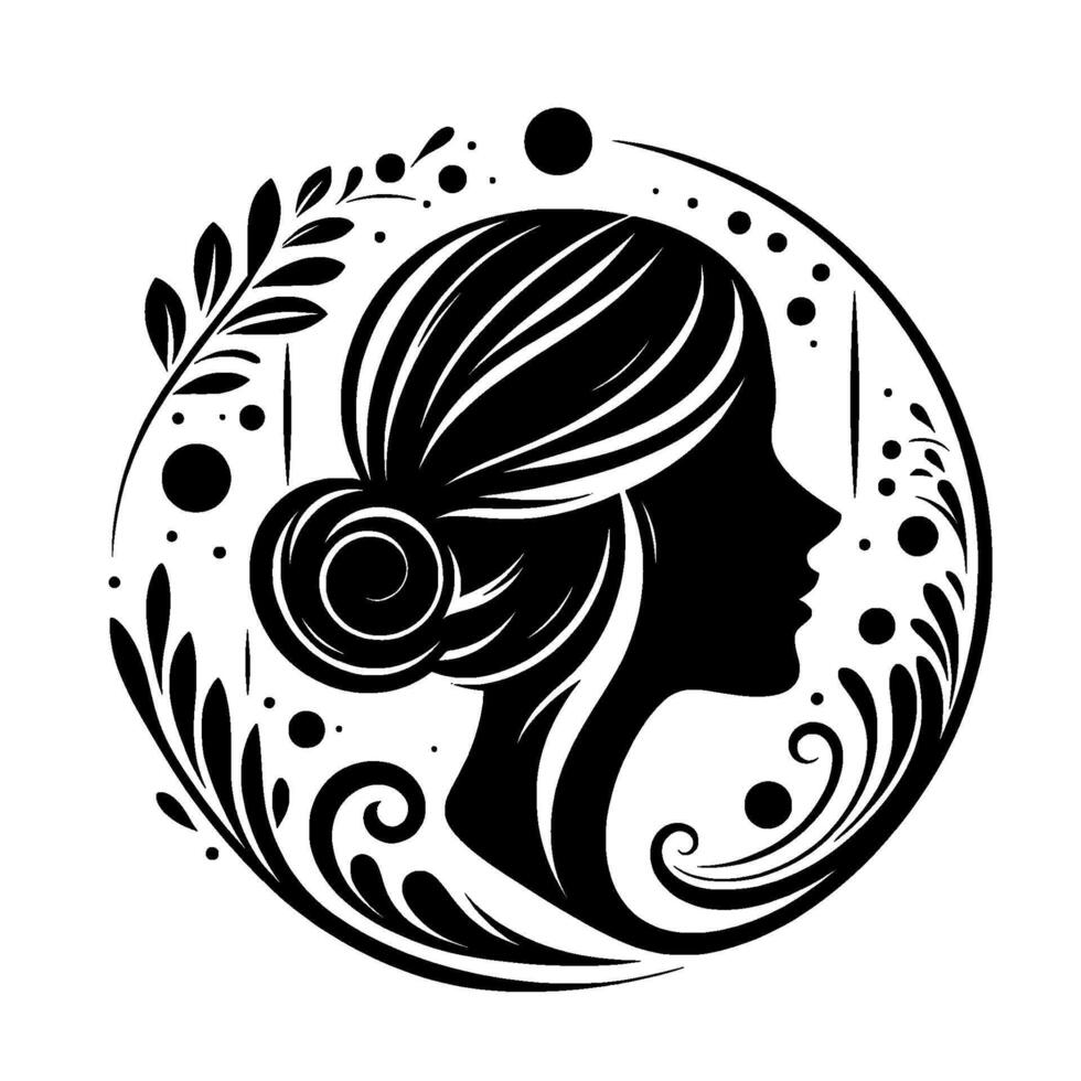 Elegant Silhouette A Black and White Illustration of a Womans Profile within a Circular Floral Frame. vector