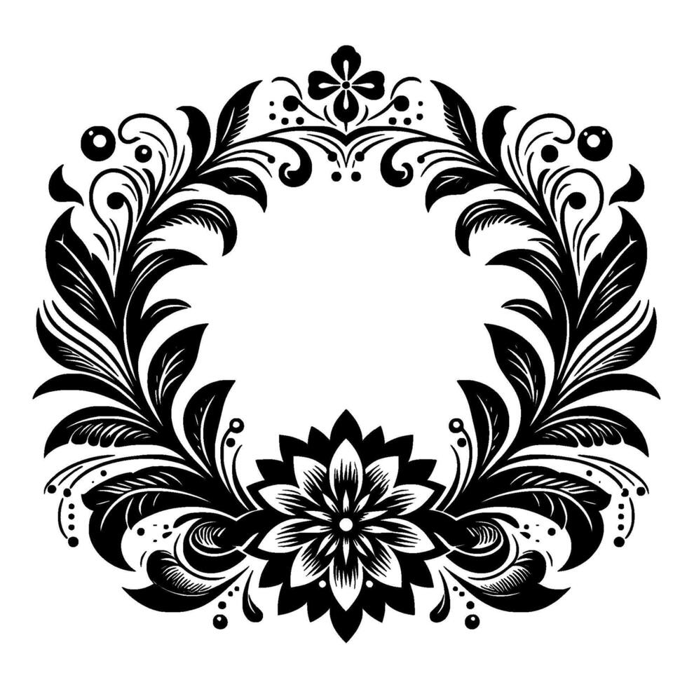 Ornate Black and White Floral Wreath Symmetrical Composition with Delicate Leaves, Blossoms, and Decorative Elements, creating a balanced visual arrangement. vector