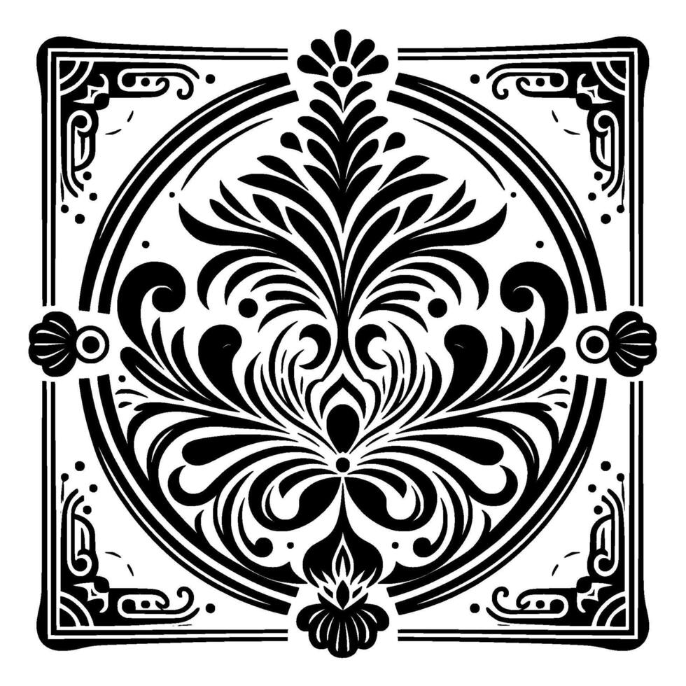 Intricate Black and White Floral on a Square Frame A Symmetrical Composition of Flourishes, Patterns, and Decorative Elements in a Circular and Square Frame. vector
