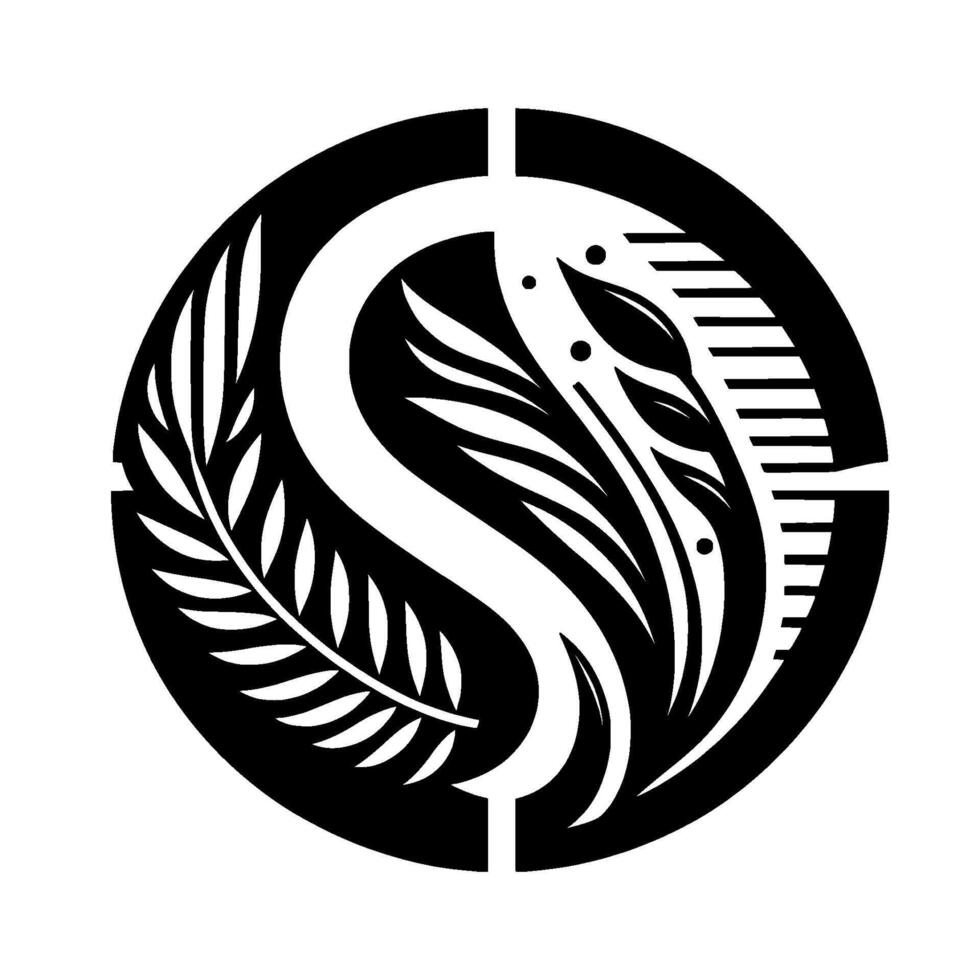A striking black and white emblem featuring a stylized swan and leaf within a circular frame, representing elegance. vector