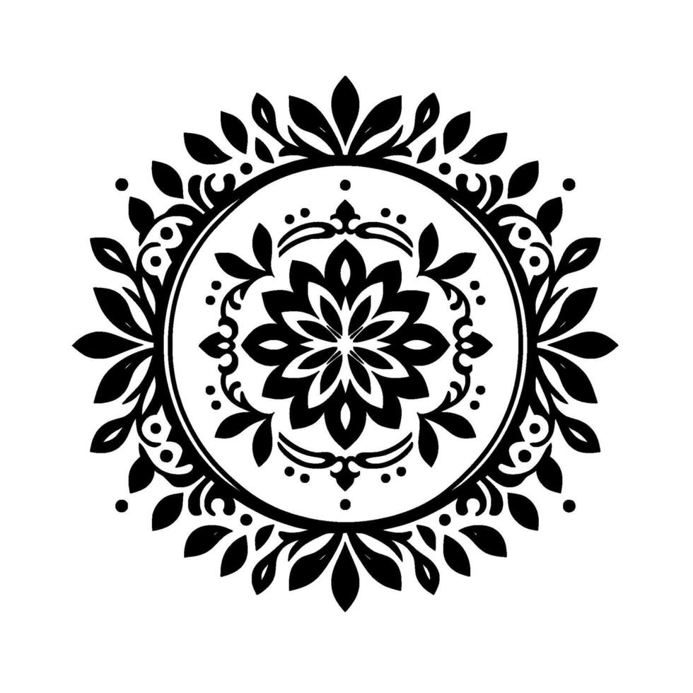 Intricate Black and White Floral Mandala A symmetrical and elegant illustration with floral and leaf elements arranged in a circular pattern. vector