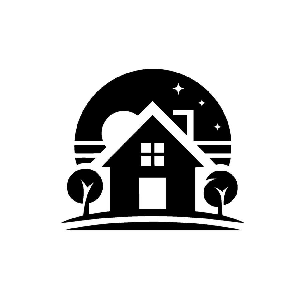 A stylized monochrome depicting a house silhouetted against a celestial backdrop of moon, stars, and abstract elements, evoking tranquility. vector