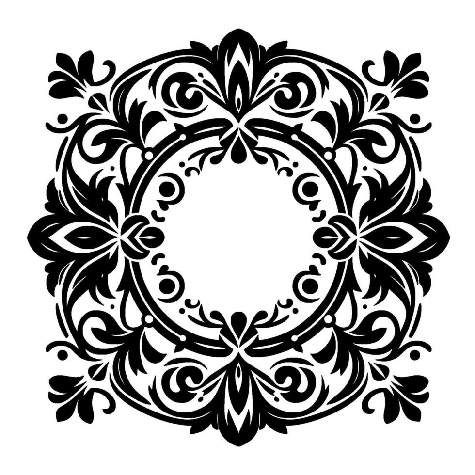 Intricate Black and White Floral Frame Symmetrical Baroque with Circular Center on White Background. vector
