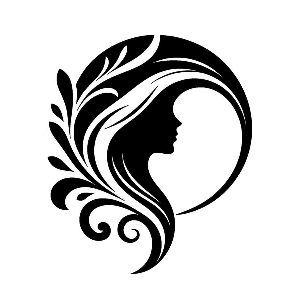 Silhouette of a Womans Profile in a Black and White Decorative , Embellished with Floral Elements and a Circular Frame. vector