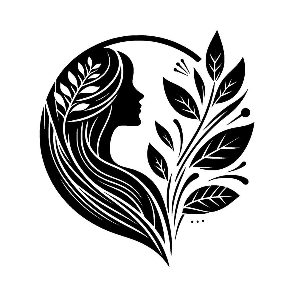 Elegant Silhouette A womans profile intertwined with botanical elements, forming a balanced blackandwhite composition within a circular frame. vector