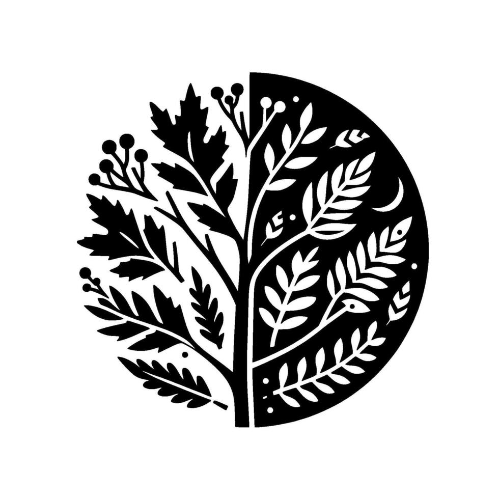 Stylized Binary Tree of Life Composition Black and White Minimalist Botanical Art with Leaves, Berries, and Crescent Moon, Creating a Balanced YinYang Circle. vector