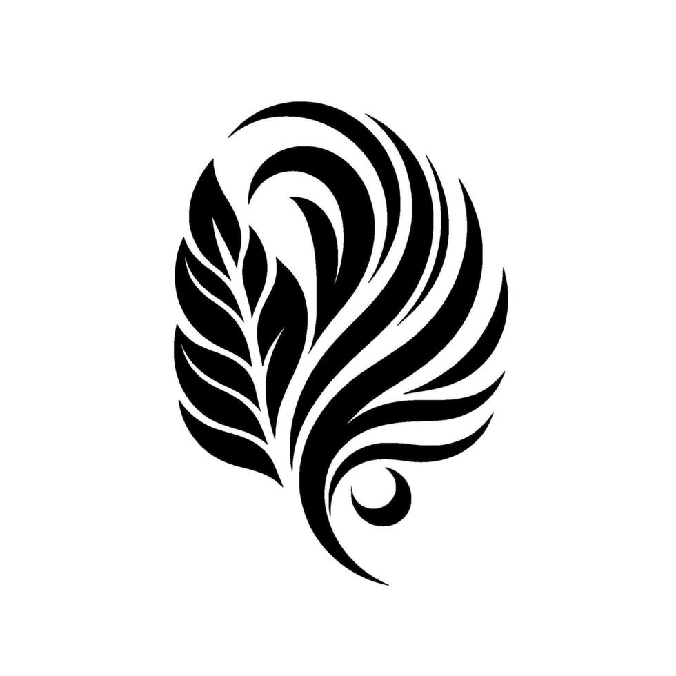 A stylized black and white botanical illustration depicting a fusion of leaf and feather elements, elegantly arranged on a blank white canvas. vector